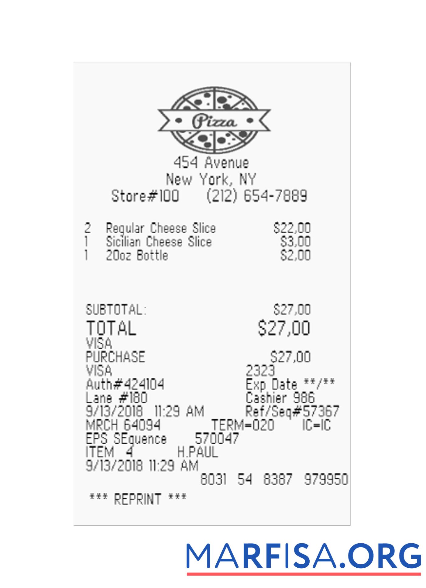 Downloadable PIZZA receipt example